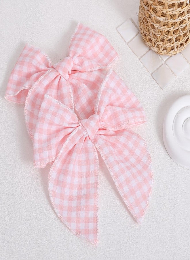 ميروكش مشبكان للشعر بنقشة مربعات الجاموس الوردية، عبوة من قطعتين، 5.5 بوصة، مبطنان بالقطن، مزينان بشريط مربعات، مشبك شعر على شكل فيونكة، مناسبان لعيد الحب، مناسبان للفتيات والسيدات، زي عيد الفصح، إكسسوار تزييني، هدية عيد ميلاد - Image 2